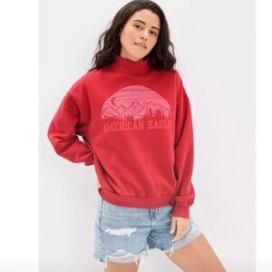 American Eagle Red Mock Neck Screen Printed Graphic Pullover Sweatshirt Small